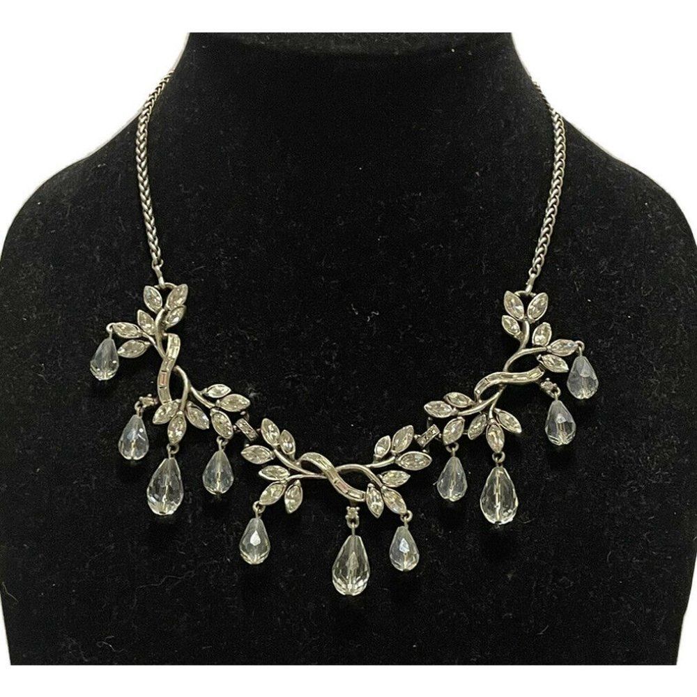Silver Tone Crystal Statement Necklace, Bridal Wedding Vine Floral
